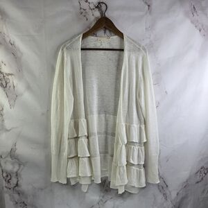 EILEEN FISHER Cardigan Womens Large Cream Linen Open Front Ruffle Sweater